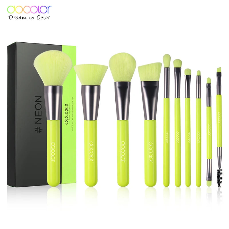 Set de 10 Pinceaux Maquillage Néon Docolor – Poils Synthétiques Professionnels