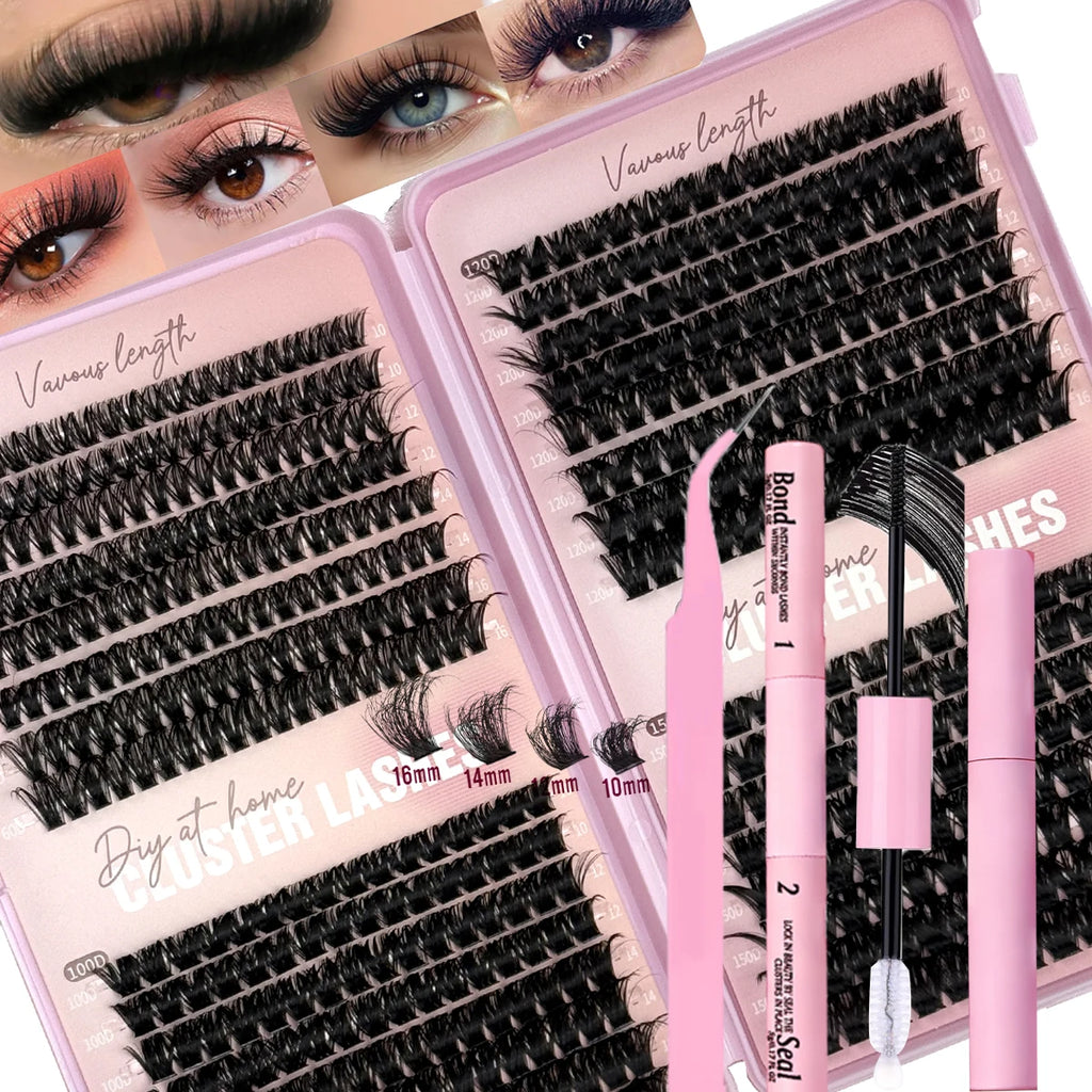Set Extensions Cils Clusters 3D DIY – Courbure D, 32 Rangées