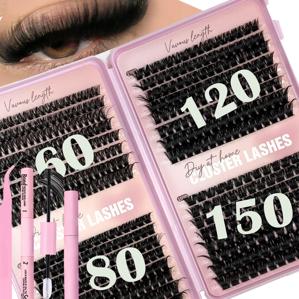 Set Extensions Cils Clusters 3D DIY – Courbure D, 32 Rangées
