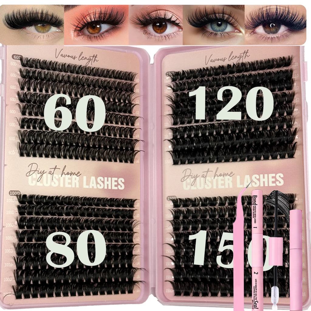 Set Extensions Cils Clusters 3D DIY – Courbure D, 32 Rangées