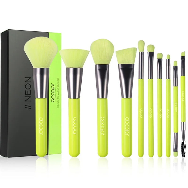 Set de 10 Pinceaux Maquillage Néon Docolor – Poils Synthétiques Professionnels