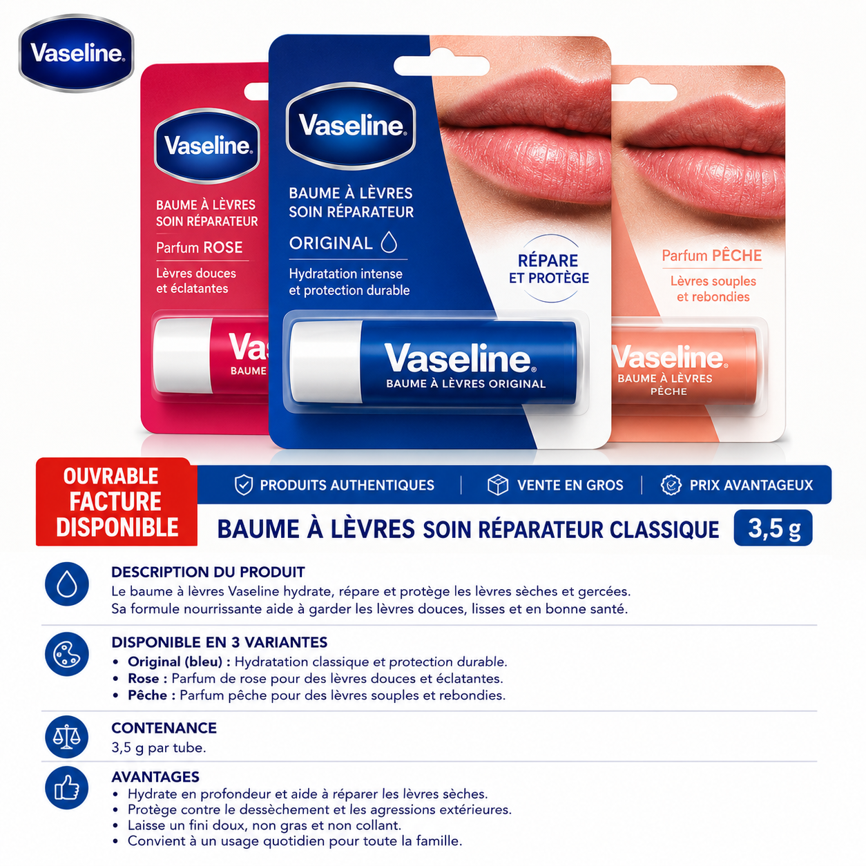Vaseline – Baume à lèvres nourrissant réparateur, aloe vera & rose, 3,5g